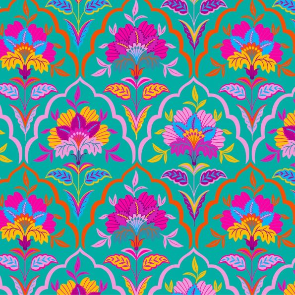 Tissu Sweat léger envers gratté Floral Bohème sur fond Bleu turquoise - Par 10 cm