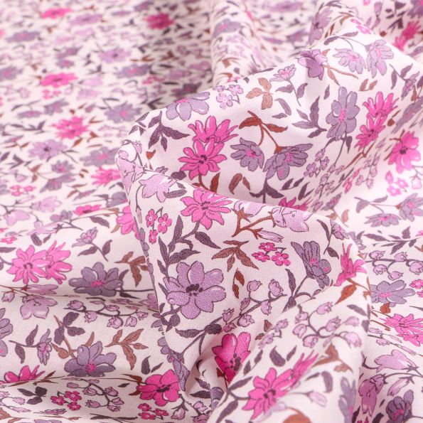 Tissu Popeline de coton Sweet Flower Léa Rose sur fond Blanc - Par 10 cm