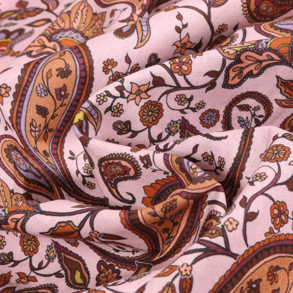 Tissu Voile de Coton Sweet Flower Motif cachemire Paisley colorés sur fond Rose pâle - Par 10 cm