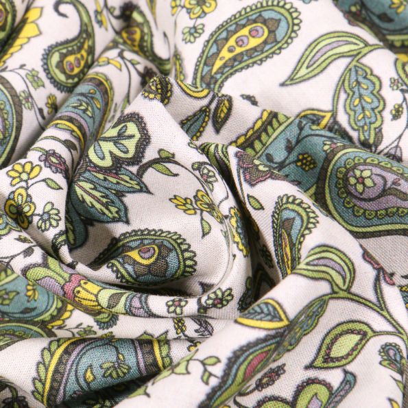 Tissu Voile de Coton Sweet Flower Motif cachemire Paisley colorés sur fond Ecru - Par 10 cm