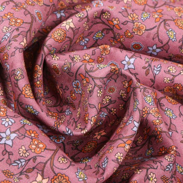 Tissu Voile de coton Sweet Flower Mary line sur fond Vieux rose - Par 10 cm