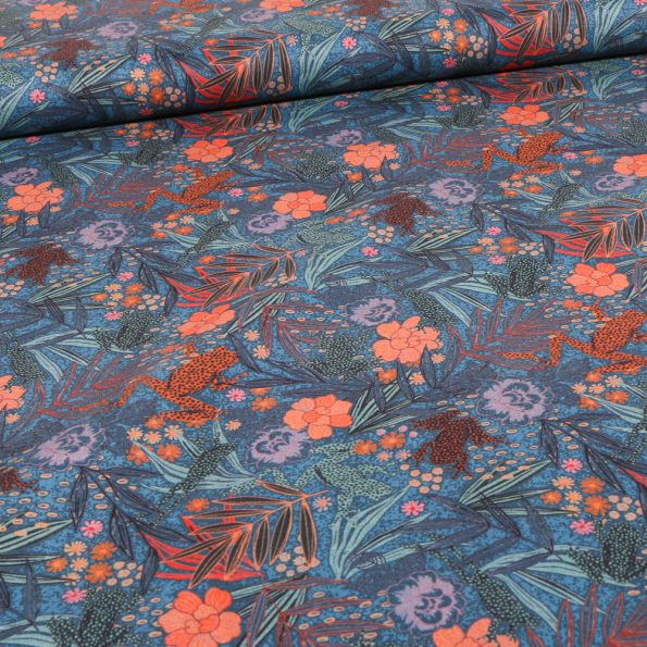 Tissu Voile de Coton Sweet Flower Jane sur fond Bleu - Par 10 cm