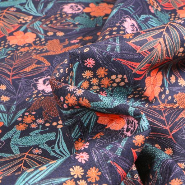 Tissu Voile de Coton Sweet Flower Jane sur fond Bleu marine - Par 10 cm