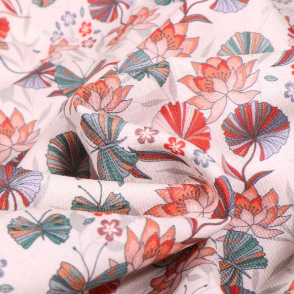 Tissu Voile de coton Sweet Flower Kaly sur fond Blanc cassé - Par 10 cm