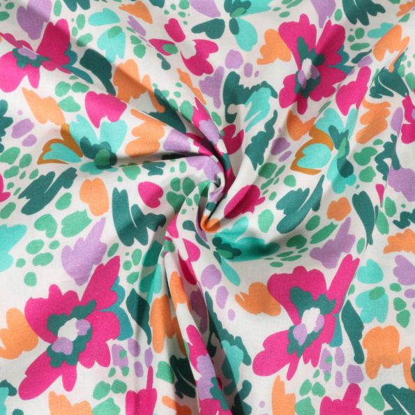 Tissu Voile de Coton digital Fleurs colorées roses, vertes et lilas sur fond Blanc - Par 10 cm