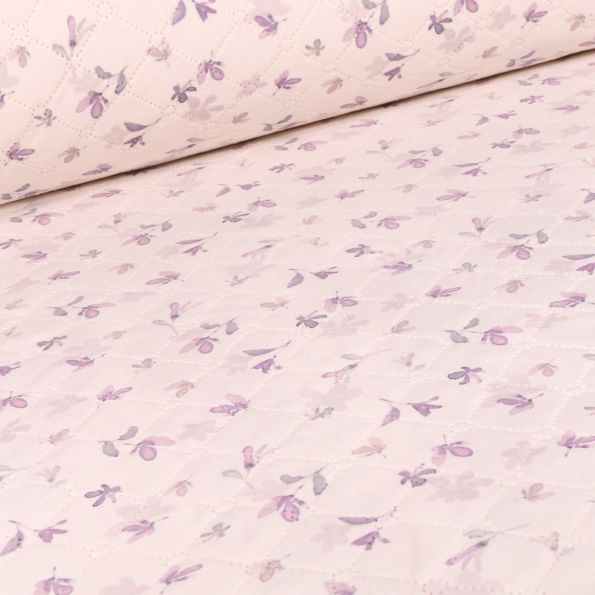 Tissu Matelassé Aquarelle fleuris parme sur fond Ecru - Par 10 cm