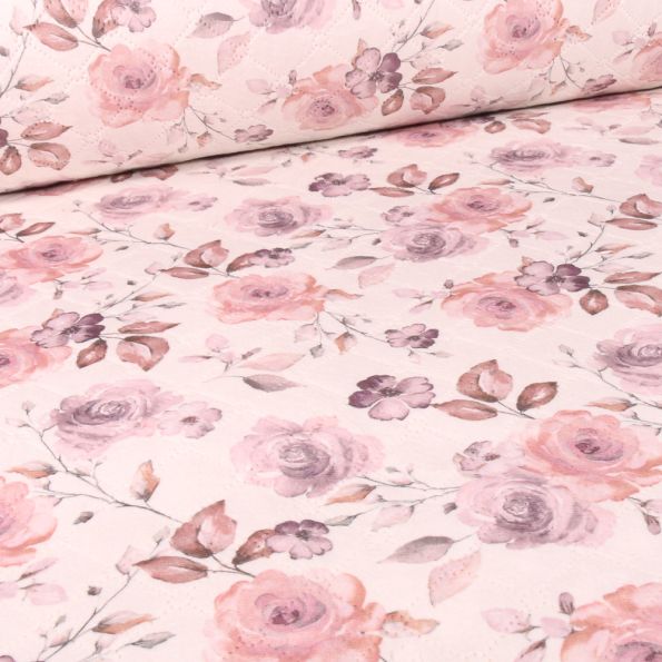 Tissu Matelassé Aquarelle de rose parme sur fond Blanc cassé - Par 10 cm