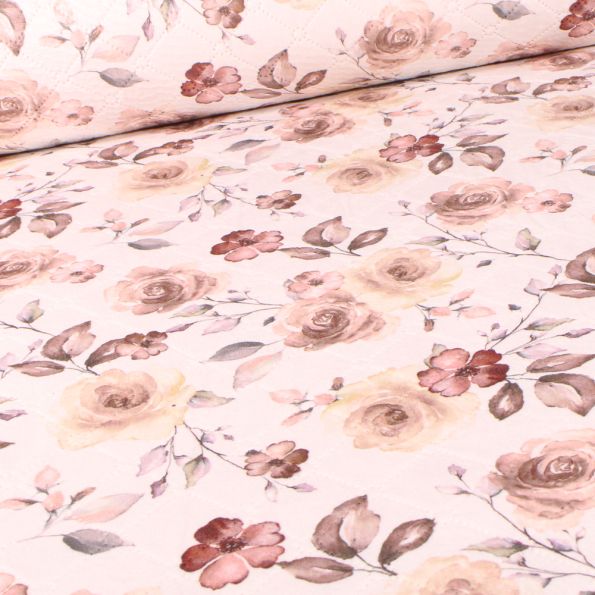 Tissu Matelassé Aquarelle de rose nude sur fond Blanc cassé - Par 10 cm