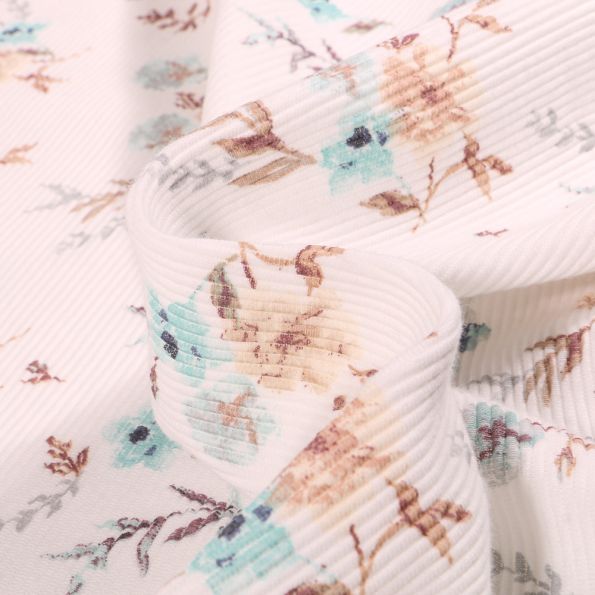 Tissu Jersey côtelé Ottoman Fleurs bleues et beiges sur fond Blanc cassé - Par 10 cm