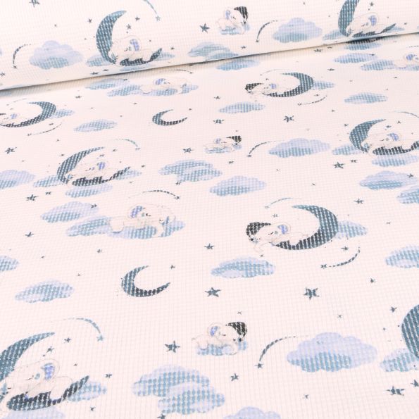 Tissu Jersey nid d'abeille Eléphanteaux et lunes bleu sur fond Blanc cassé - Par 10 cm