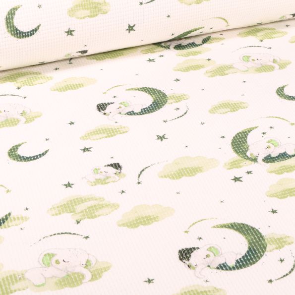 Tissu Jersey nid d'abeille Eléphanteaux et lunes vert sur fond Blanc cassé - Par 10 cm