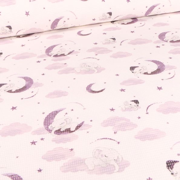 Tissu Jersey nid d'abeille Eléphanteaux et lunes violet sur fond Blanc cassé - Par 10 cm