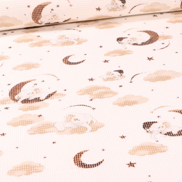 Tissu Jersey nid d'abeille Eléphanteaux et lunes marron sur fond Blanc cassé - Par 10 cm