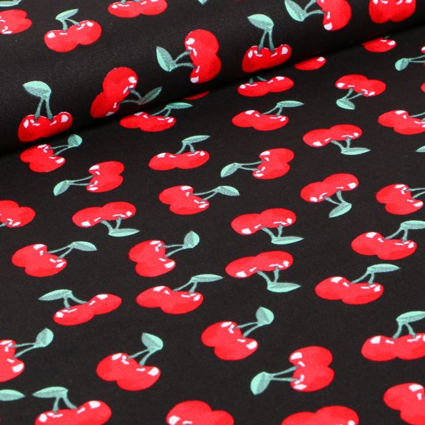 Tissu Coton imprimé Cerises sur fond Noir - Par 10 cm