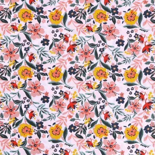 Tissu Coton Imprimé Fleurs multicolores sur fond Blanc - Par 10 cm