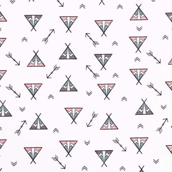 Tissu Coton Imprimé Tipis noirs, vieux rose et verts sur fond Blanc - Par 10 cm