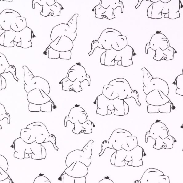 Tissu Coton Imprimé Eléphanteaux noirs et blancs sur fond Blanc - Par 10 cm