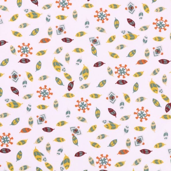 Tissu Coton Imprimé Plumes vertes, oranges et bordeaux sur fond Blanc - Par 10 cm