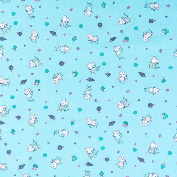 Tissu Popeline imprimée LittleBird Petites souris Blanches, roses, turquoise et grises sur fond Bleu - Par 10 cm