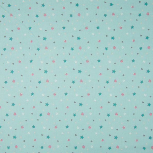 Tissu Coton imprimé LittleBird Etoiles et coeurs Multicolores sur fond Vert menthe - Par 10 cm