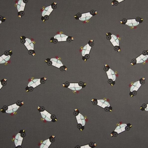 Tissu Coton imprimé Voiture de police sur fond Gris ardoise - Par 10 cm