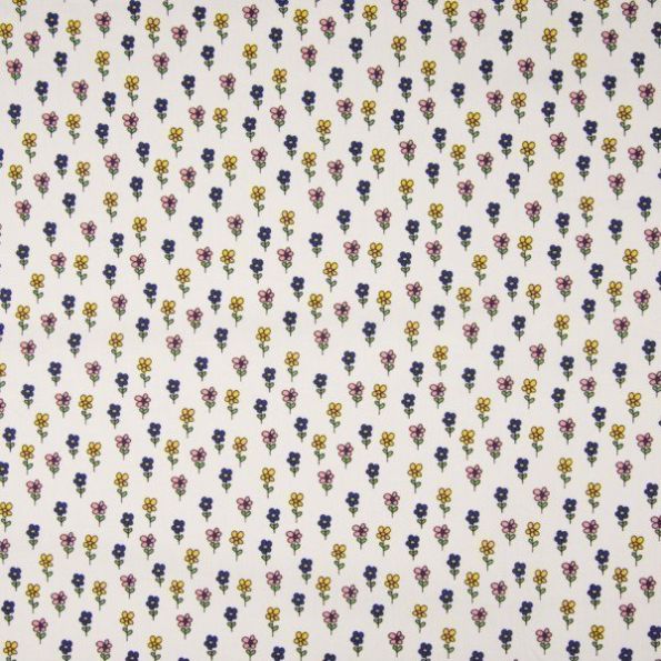 Tissu Coton imprimé LittleBird Fleurs Bleues, jaunes et roses sur fond Blanc - Par 10 cm