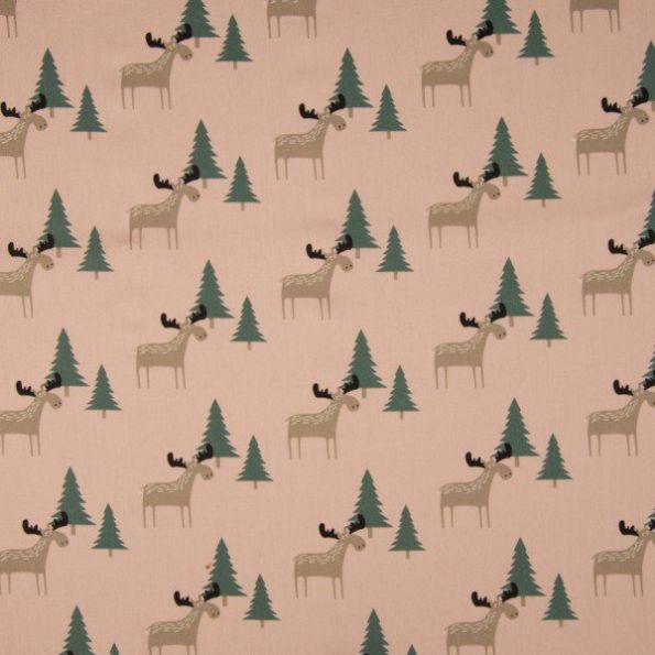 Tissu Coton Imprimé LittleBird Caribou et sapin sur fond Rose poudré - Par 10 cm