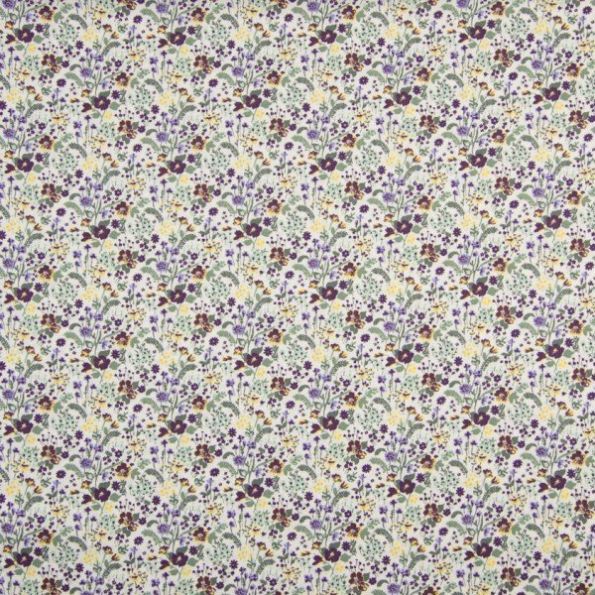 Tissu Coton imprimé Petites fleurs et feuilles vertes et violettes sur fond Blanc - Par 10 cm
