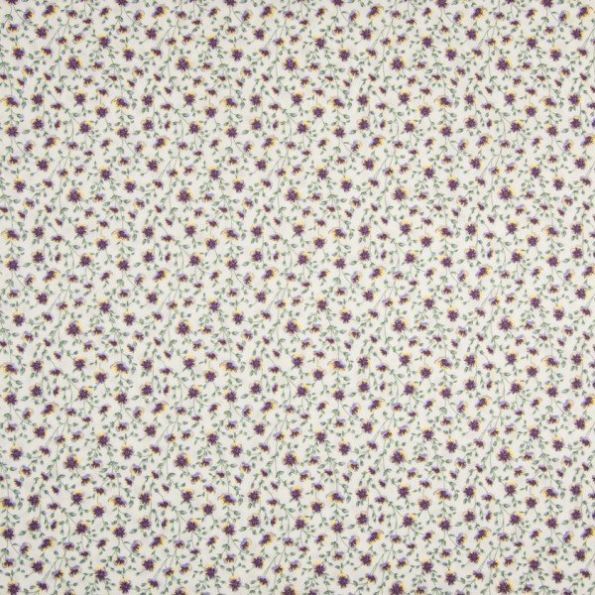 Tissu Coton imprimé Petites fleurs jaunes et violette sur fond Blanc - Par 10 cm