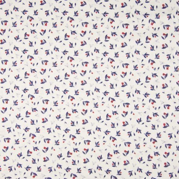 Tissu Coton imprimé LittleBird Cerise bleu marine et rouge sur fond Blanc - Par 10 cm