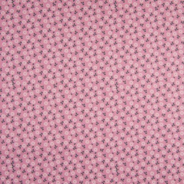 Tissu Coton imprimé Fleurs blanches et pétales grises sur fond Rose - Par 10 cm