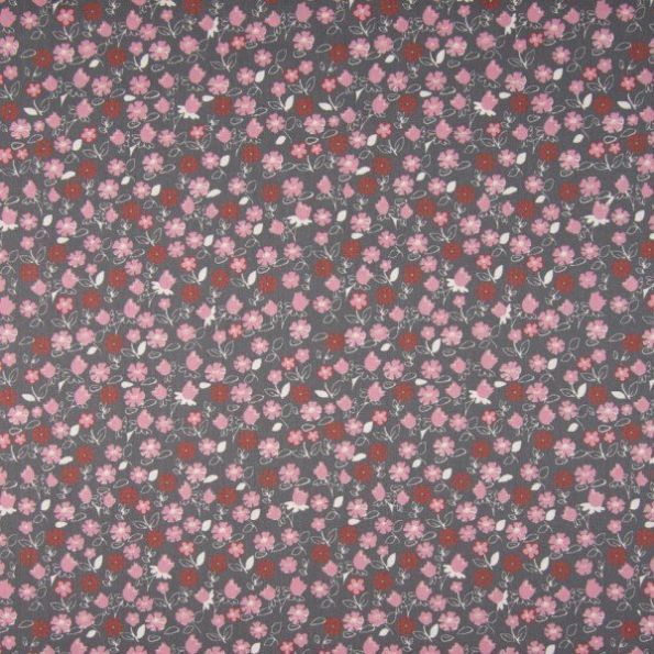 Tissu Coton imprimé Fleurs rose et terracotta sur fond Gris pierre - Par 10 cm