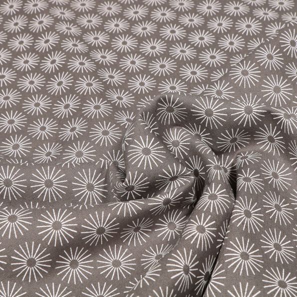 Tissu Coton imprimé Soleils stylisés sur fond Gris - Par 10 cm