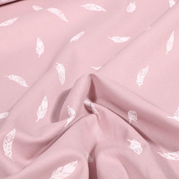 Coupon Tissu Coton imprimé Petites plumes sur fond Rose pâle - Coupon de 60 cm
