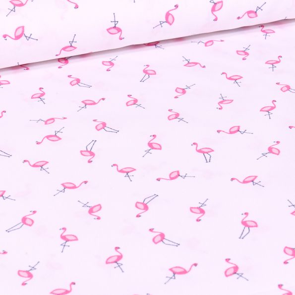 Tissu Coton imprimé Petits flamants rose sur fond Blanc - Par 10 cm