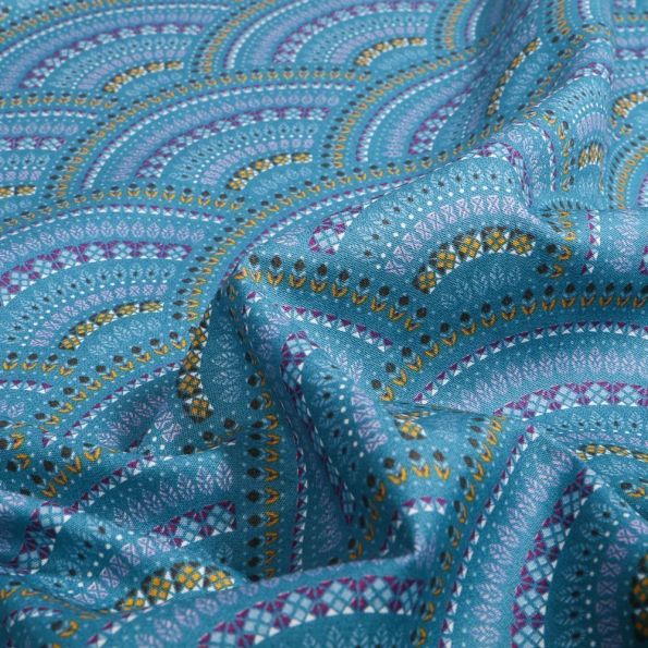 Tissu Coton imprimé Eventails colorés sur fond Bleu - Par 10 cm