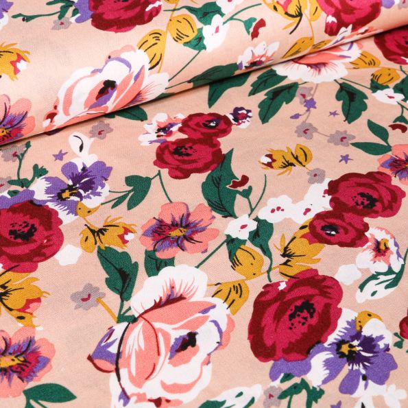 Tissu Coton imprimé Pivoines et fleurs sur fond Rose nude - Par 10 cm