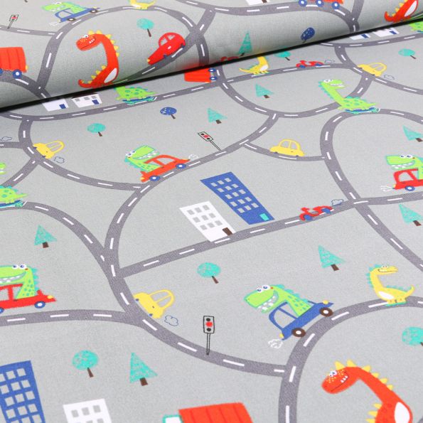 Tissu Coton imprimé Dinosaures en ville sur fond Gris - Par 10 cm