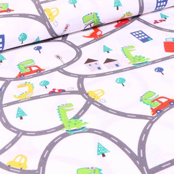 Tissu Coton imprimé Dinosaures en ville sur fond Blanc - Par 10 cm