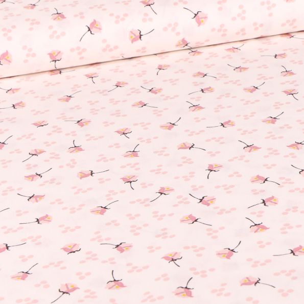 Tissu Coton imprimé Roses et pois sur fond Rose pâle - Par 10 cm
