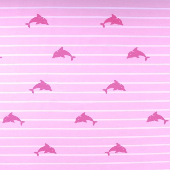 Tissu Jersey Coton Marinière Dauphins Fuschia sur fond Rose - Par 10 cm