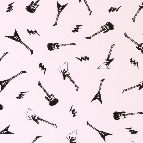 Tissu Jersey Coton Guitares Noires sur fond Blanc - Par 10 cm