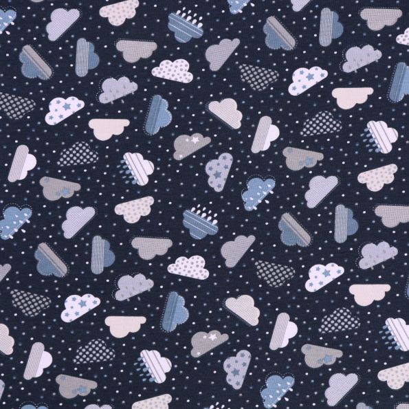 Tissu Jersey Coton Nuages Taupe et bleus sur fond Bleu marine - Par 10 cm