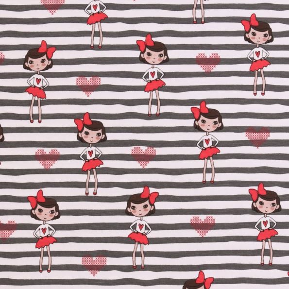 Tissu Jersey Coton Rayures grises avec Poupées sur fond Blanc - Par 10 cm