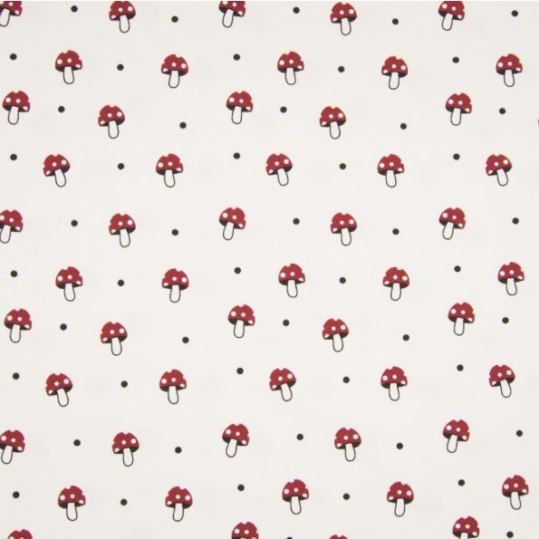 Tissu Jersey Coton Champignons Rouges et noirs sur fond Ecru - Par 10 cm