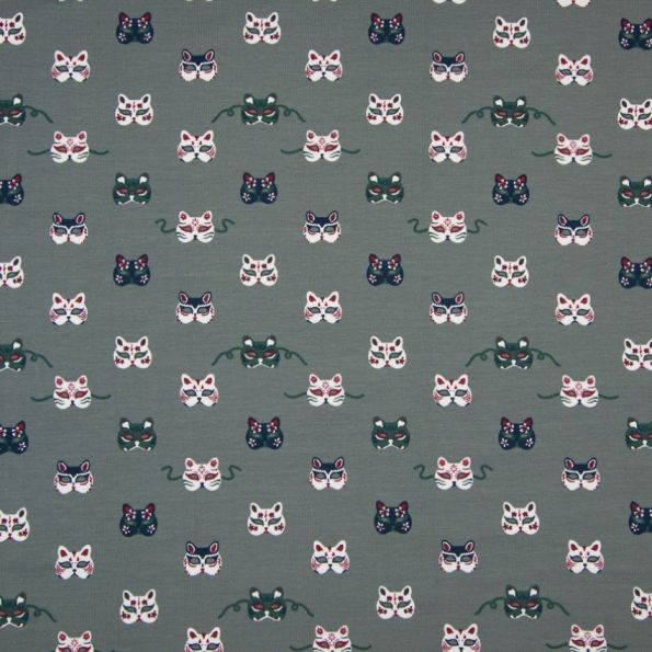 Tissu Jersey Coton Masques Vert et blanc sur fond Vert gris - Par 10 cm