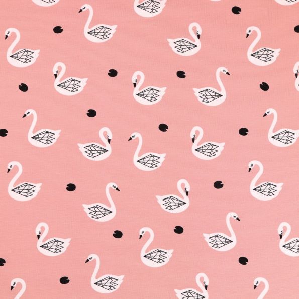 Tissu Jersey Coton Cygnes blancs ailes origami sur fond Rose - Par 10 cm