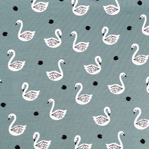 Tissu Jersey Coton Cygnes blancs ailes origami sur fond Vert - Par 10 cm