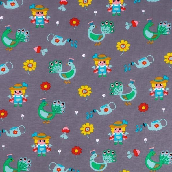 Tissu Jersey Coton Le Jardin sur fond Gris - Par 10 cm
