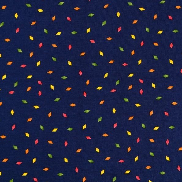 Tissu Jersey Coton Losanges Multicolore sur fond Bleu marine - Par 10 cm